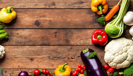 Fresh vegetables on wooden background. Healthy food concept. Top view.の素材