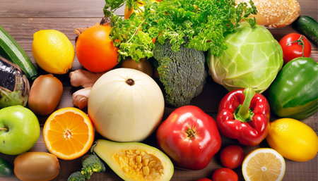 Variety of fresh organic vegetables and fruits. Healthy eating concept.の素材