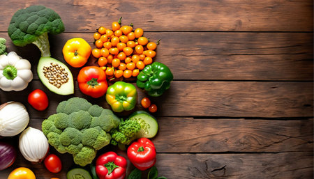 Healthy food background with fresh vegetables on wooden table. Top view.の素材