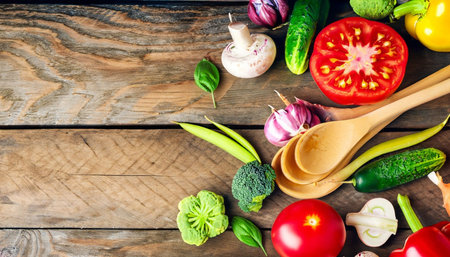 Vegetables on wooden background. Top view with copy space.の素材