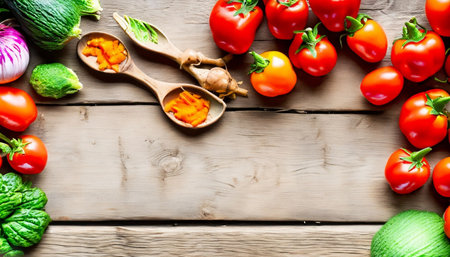 Fresh vegetables on a wooden background. Healthy eating concept. Top viewの素材