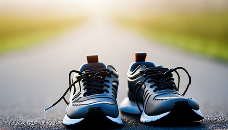 Running shoes on the road in the morning. Sport and healthy lifestyle concept.の素材