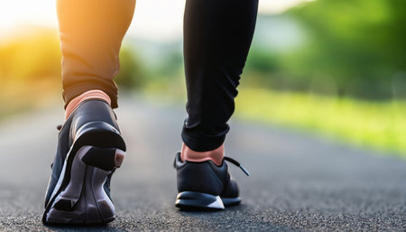 Runner feet running on road. woman fitness jogging workout wellness concept.の素材
