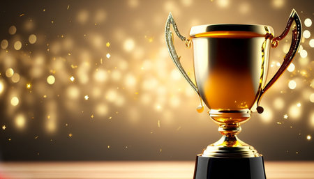 Golden trophy cup on golden bokeh background. 3D renderingの素材