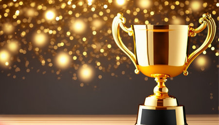Golden trophy cup on golden bokeh background. 3D illustrationの素材