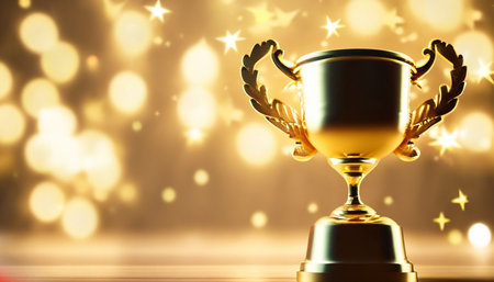 Golden trophy cup on golden bokeh background. 3d illustrationの素材