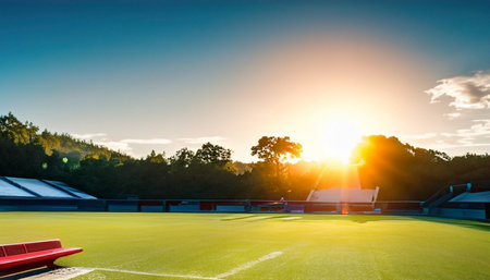 Soccer field with green grass and sunlight at sunset. Sport backgroundの素材