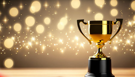 Golden trophy cup on golden bokeh background. 3D renderingの素材