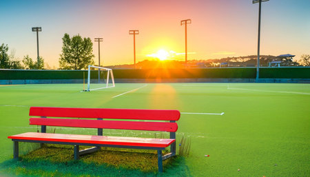Red bench and soccer field in the evening. Beautiful landscape at sunset.の素材