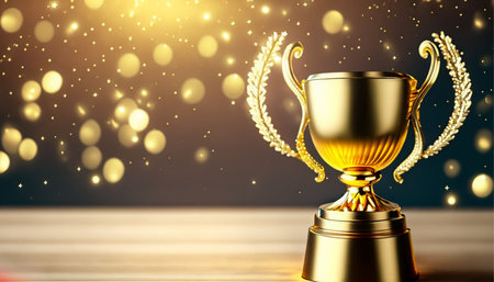 Golden trophy cup with golden laurel wreath. 3d renderの素材