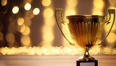 Golden trophy cup with bokeh lights background. Award concept.の素材