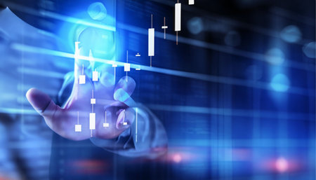 Businessman touching virtual screen with stock market data. 3d renderingの素材