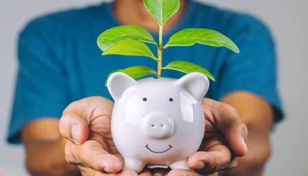 save money for investment concept with piggy bank and green plant.の素材