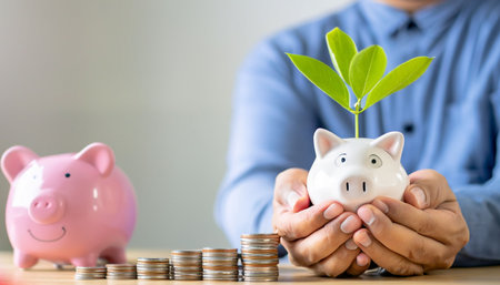 save money for investment concept plant growing out of coins and piggy bankの素材