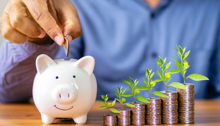 Man hand putting coin to piggy bank for saving money and account banking for finance business concept.の素材