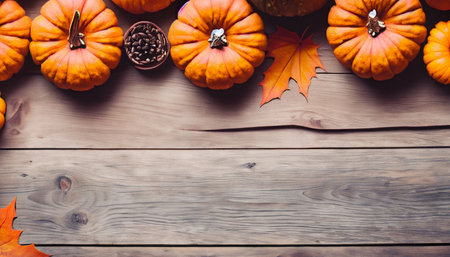 Autumn background with pumpkins and leaves. Top view with copy spaceの素材