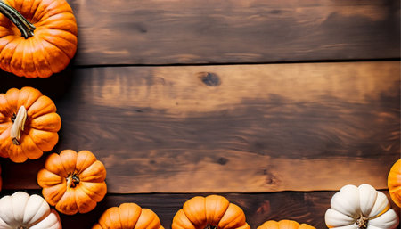 Autumn pumpkins on wooden background. Top view with copy space.の素材