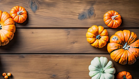 Autumn background with pumpkins on a wooden table. Top viewの素材