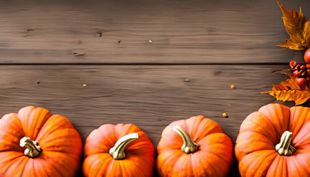 Autumn pumpkins and leaves on wooden background with copy space.の素材