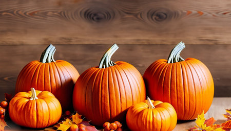 Halloween pumpkins and autumn leaves on wooden background, copy spaceの素材