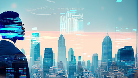 Double exposure of young businessman looking at skyscrapers and digital data interfaceの素材