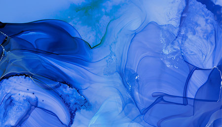 Abstract background of acrylic paint in blue and white tones. Liquid marble pattern.の素材