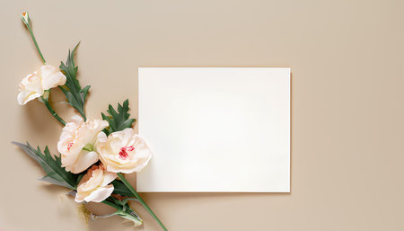 Flowers composition. Greeting card mockup on beige background. Flat lay, top view, copy spaceの素材