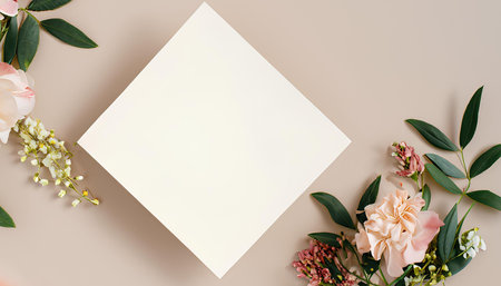 Flowers composition. Greeting card mockup on pastel beige background. Flat lay, top view, copy spaceの素材