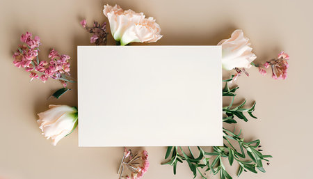 Flowers composition. Greeting card mockup on beige background. Flat lay, top view, copy spaceの素材