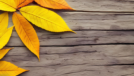 Autumn leaves on wooden background with copy space. Top view.の素材
