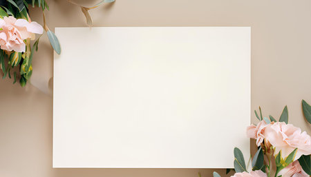 Flowers composition. Greeting card mockup with copy space on pastel beige background. Flat lay, top view, copy spaceの素材