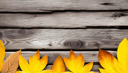 Autumn leaves on wooden background with copy space for your text.の素材