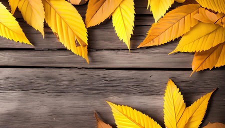 Autumn leaves on a wooden background. Top view with copy spaceの素材