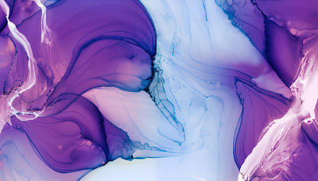 Alcohol ink abstract background. Blue, purple and white overflowing colors.の素材