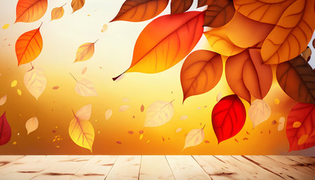 Autumn background with falling leaves and wood floor. Vector illustration.の素材