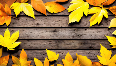 Autumn leaves on wooden background with copy space. Top view.の素材