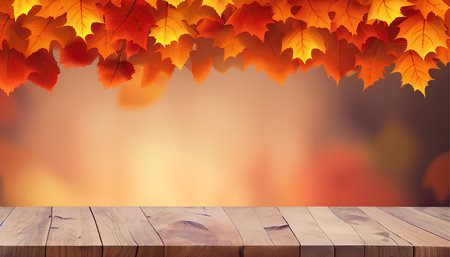 Wooden table with autumn maple leaves on bokeh background.の素材