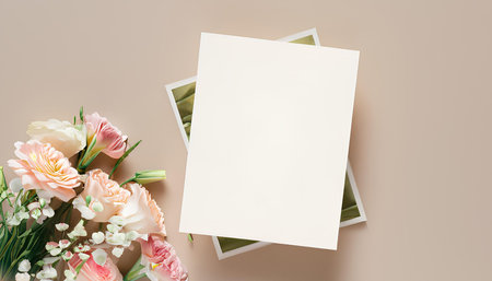 Flowers composition. Greeting card mockup with copy space. Flat lay, top view.の素材