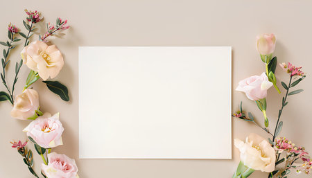 Flowers composition. Frame made of flowers on beige background. Flat lay, top view, copy spaceの素材