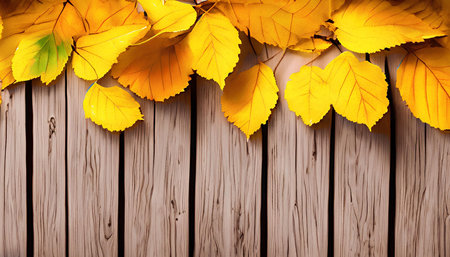 Yellow autumn leaves on wooden background. Top view with copy space.の素材
