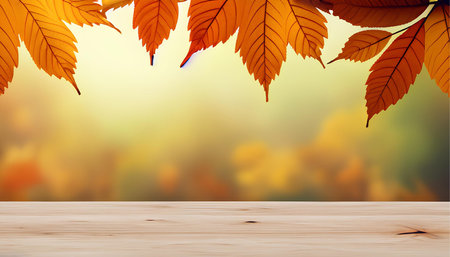 Autumn background with wooden table and falling leaves. Vector illustration.の素材