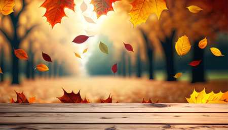 Wooden table with autumn leaves on bokeh background. Mock upの素材