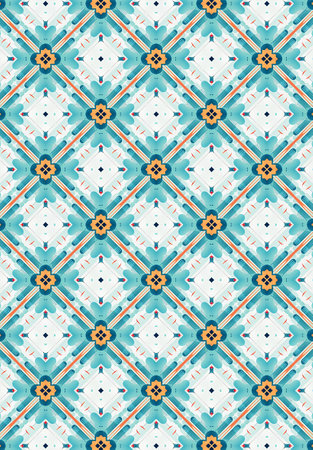 Talavera pattern. Azulejos portugal. Turkish ornament. Moroccan tile mosaic. Spanish porcelain. Ceramic tableware, folk print. Spanish pottery. Ethnic background.の写真素材