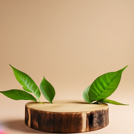 Wooden podium with green leaves on beige background. Minimal product display concept.の素材