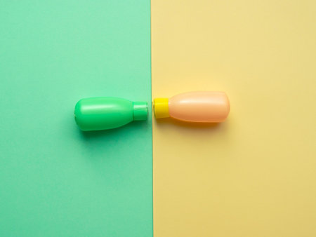 Colorful cosmetic bottles on colorful background. Top view. Flat lay.の素材