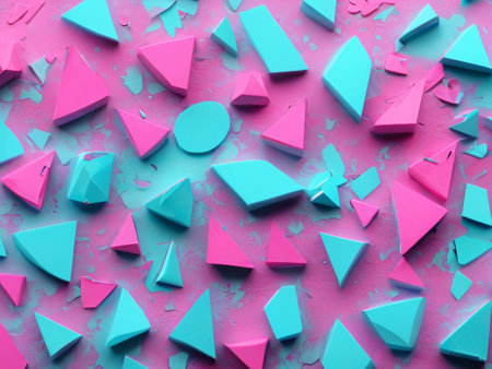 Colorful geometric shapes on a pink background. 3d rendering.の素材