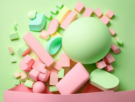 Colorful geometric shapes and balls on green background, flat lay. Space for textの素材