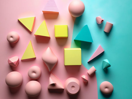 Colorful geometric shapes on color background, flat lay. Space for textの素材