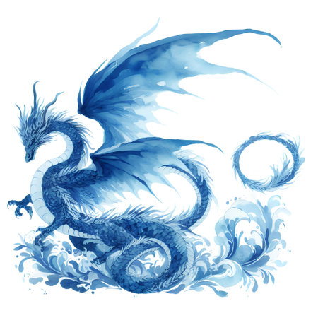 Blue dragon isolated on white background. Watercolor hand drawn illustration.の素材
