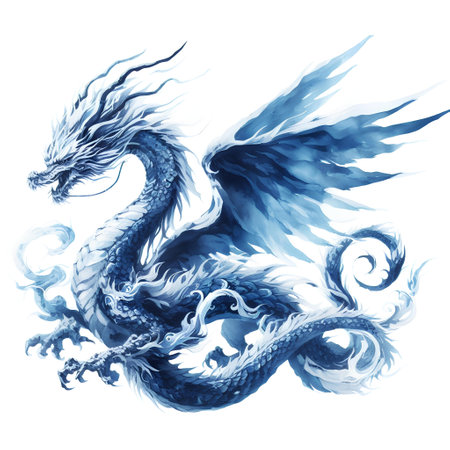 Watercolor blue dragon isolated on white background. Hand drawn illustration.の素材